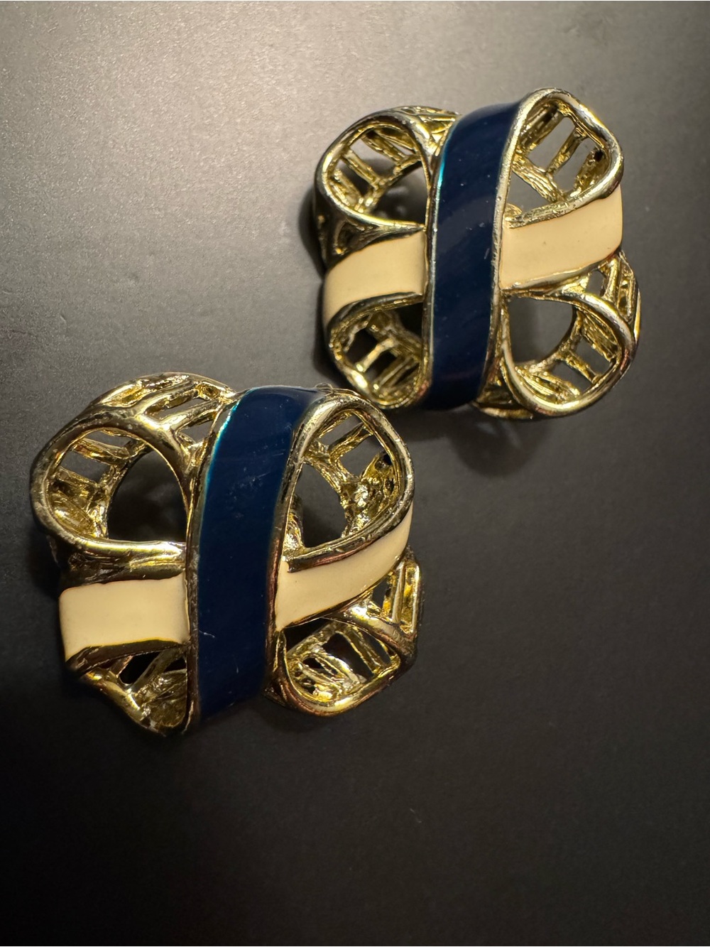 Vintage Gold, Navy, and Ivory Enamel Ribbon Knot Statement Earrings